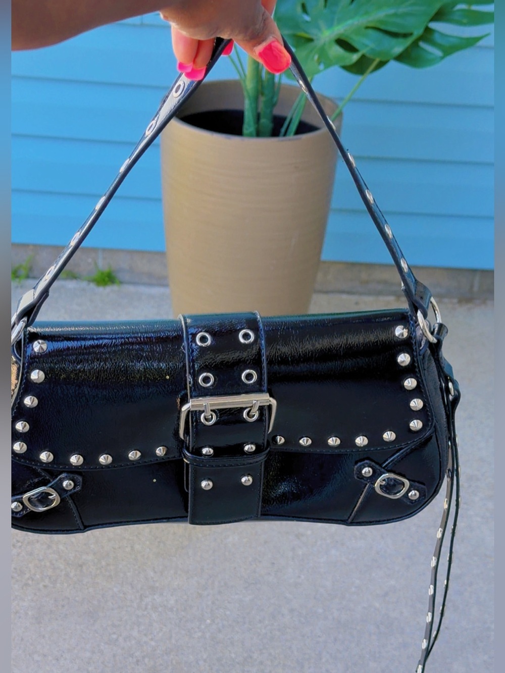 Studded Black Shoulder Bag with Buckle Detail